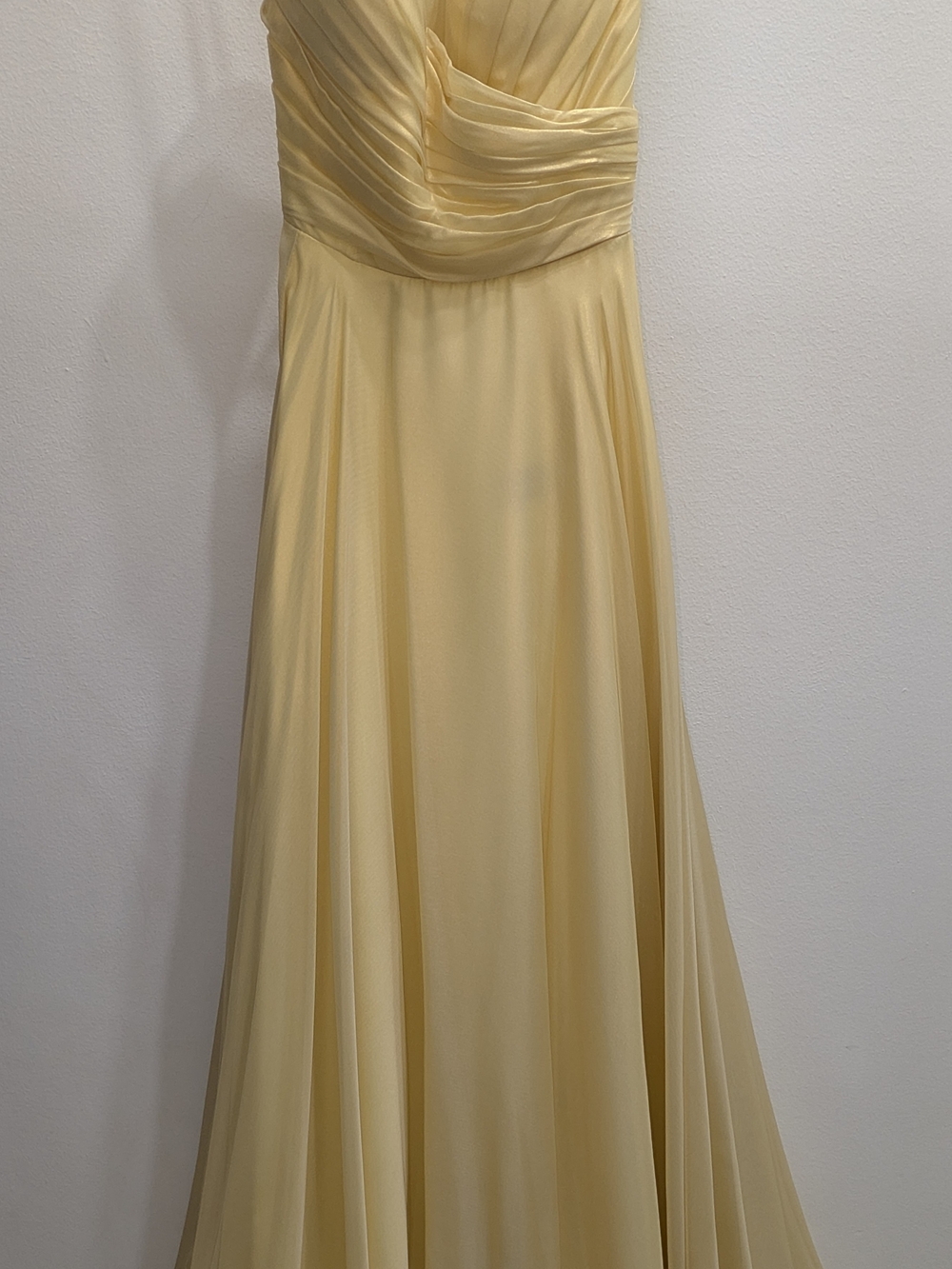 La Femme Soft Yellow Pleated Chiffon Maxi Gown
